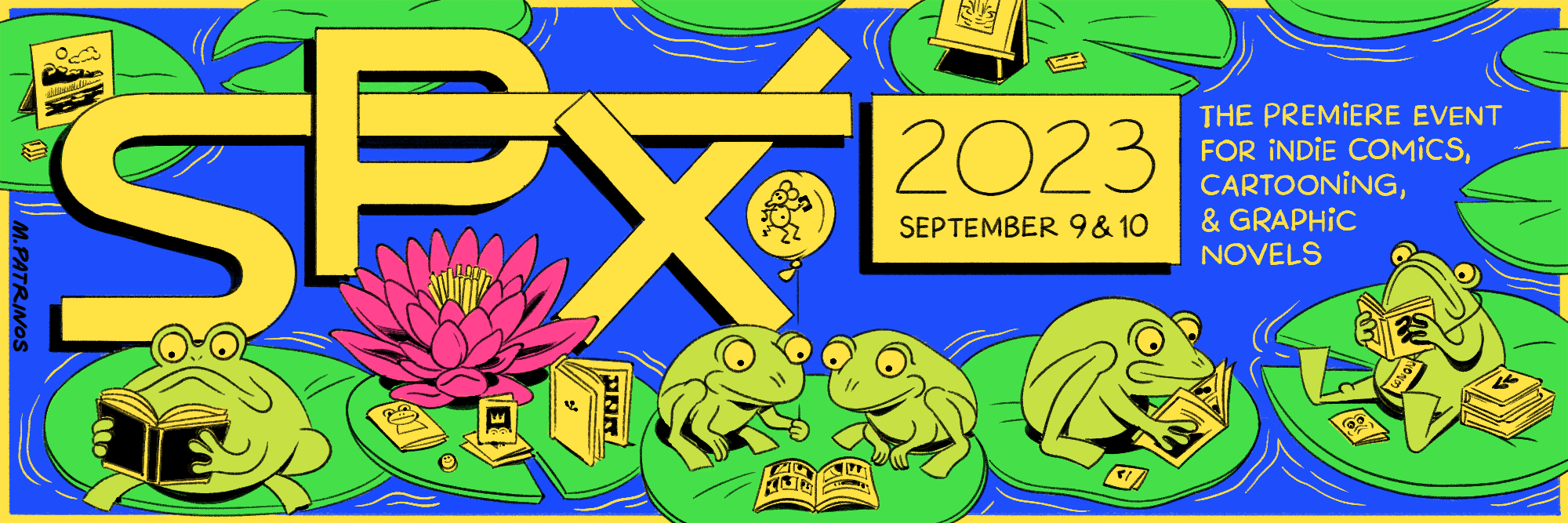 Several frogs on lily pads read comics at The 2023 Small Press Expo on September 9th and 10th. Illustration by Maritsa Patrinos.