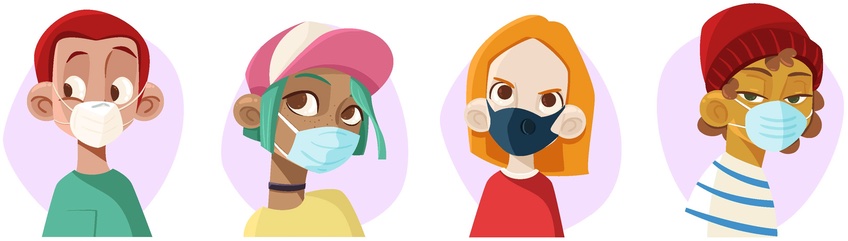 Four cartoon young people wearing facemasks.