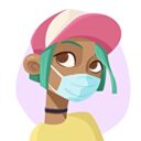 Person with hat wearing a facemask.