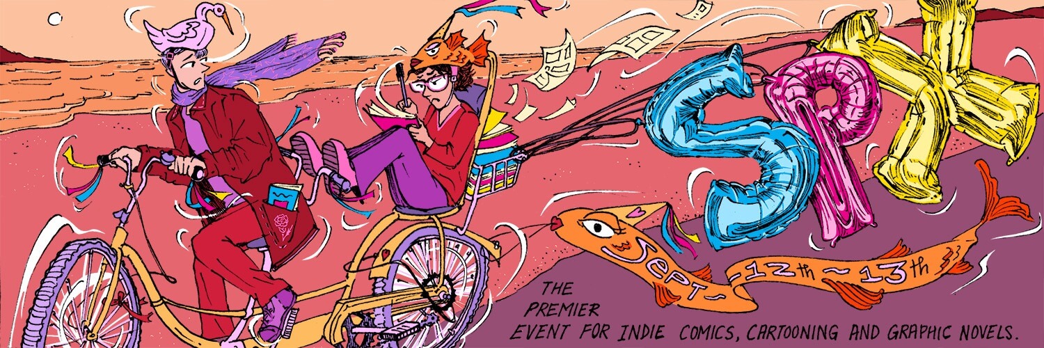 Illustration by Sanika Phawde shows two people on a tandem bike. The person on the back seat is furiously drawing comics.