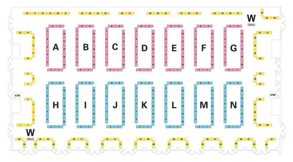 Map of the tables at SPX, organized by letter then number.